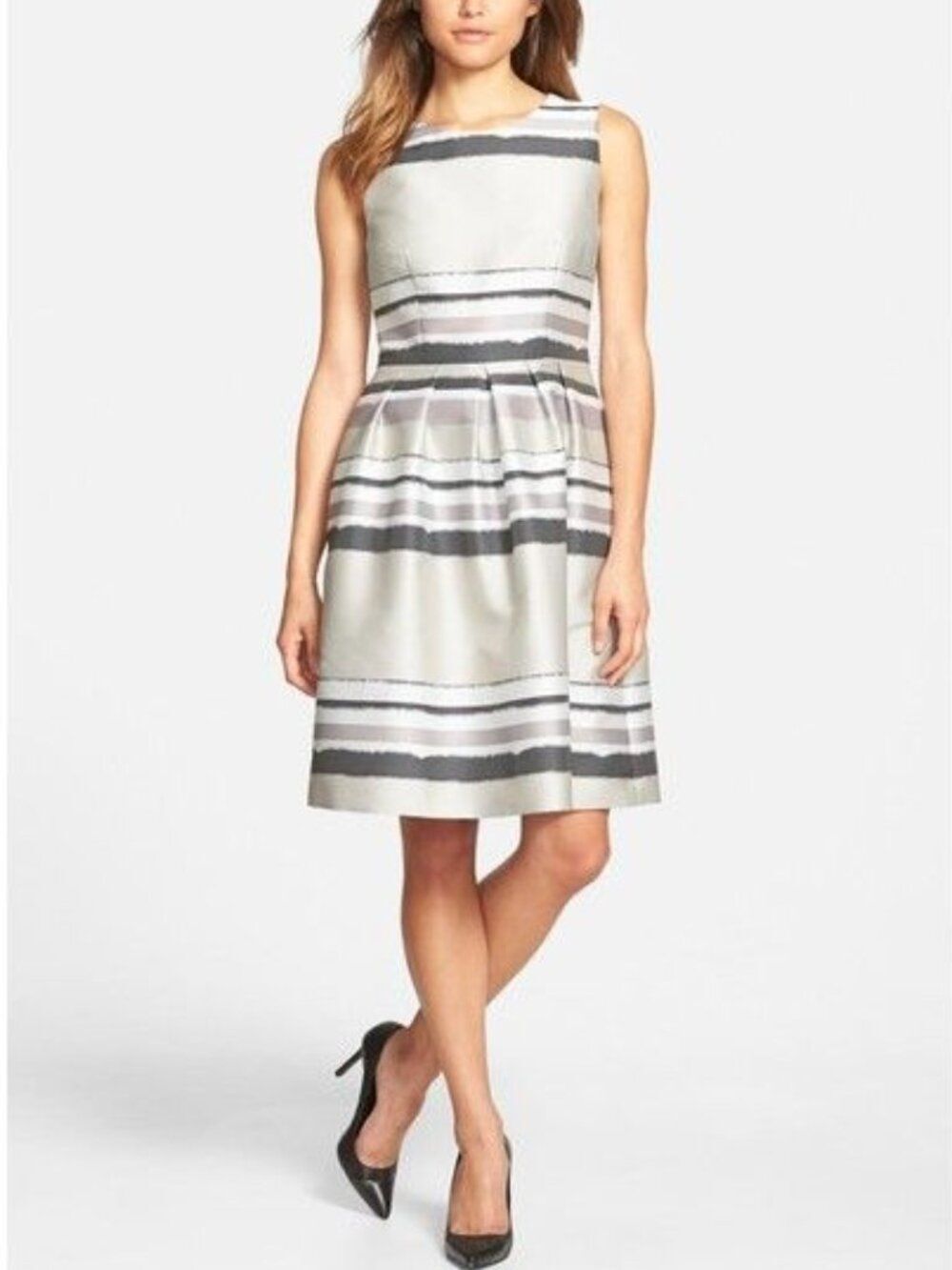 BOSS Hugo Boss Diljana Dress Women US 14 Gray Stripe Fit Flare Pocket Office